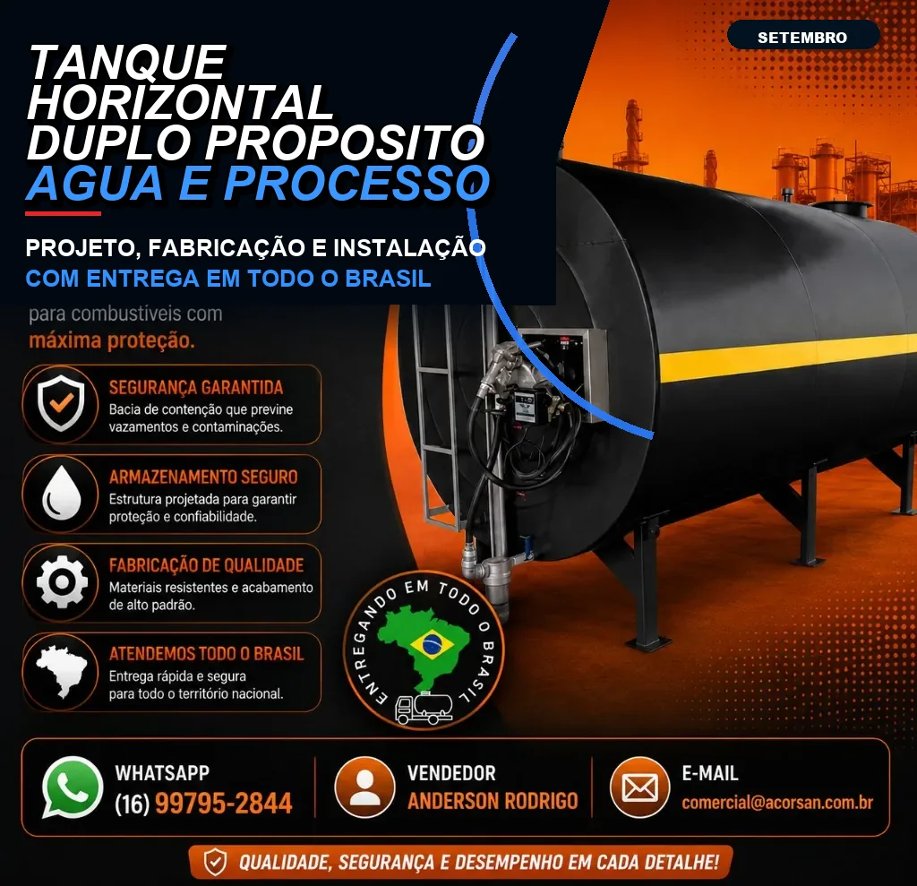 Tanque horizontal duplo propósito água e processo
