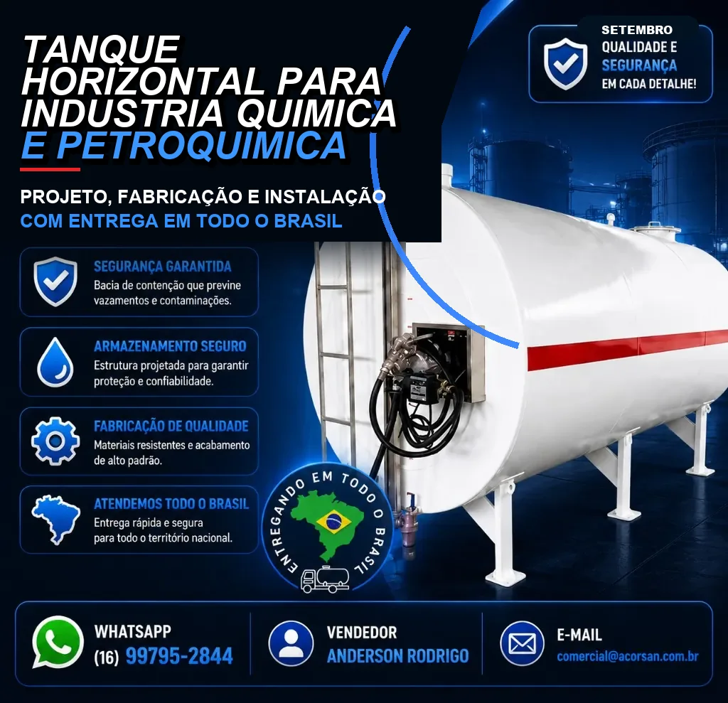 Tanque horizontal para indústria química e petroquímica