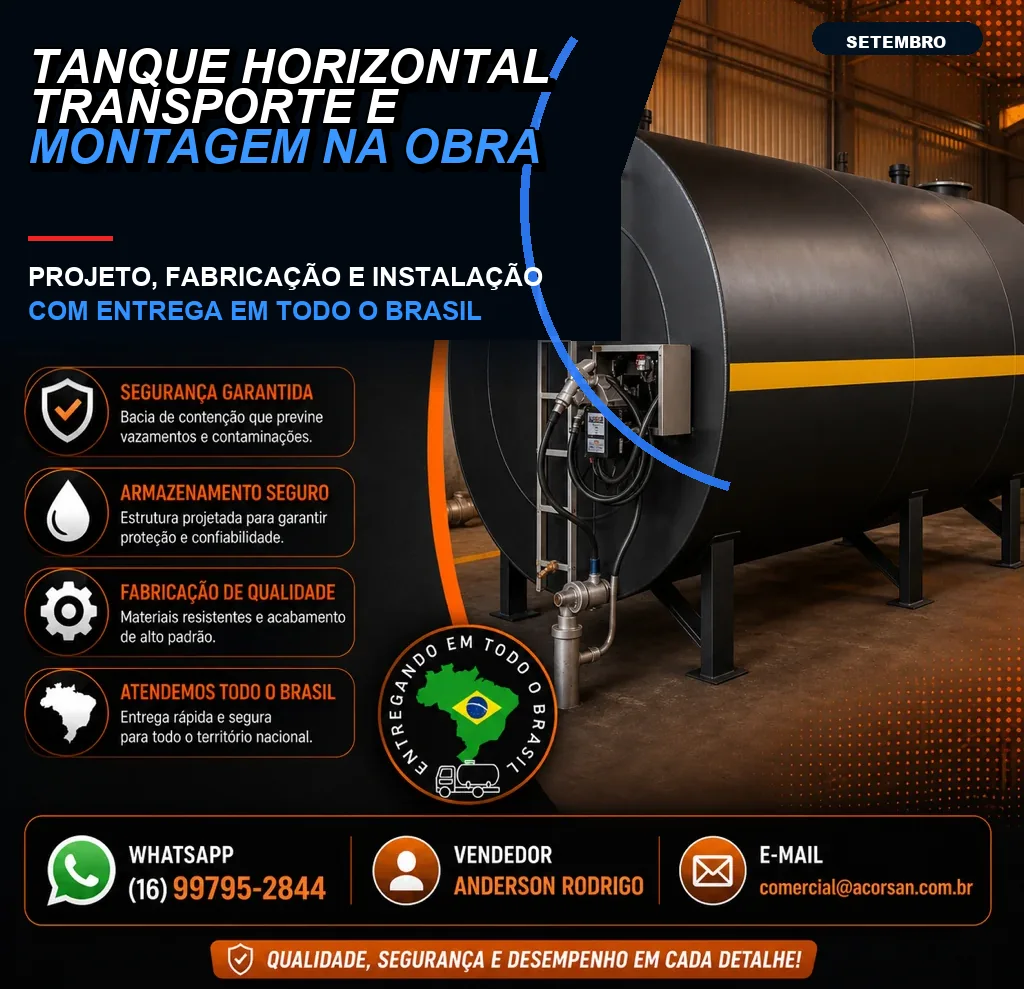 Tanque horizontal transporte e montagem na obra